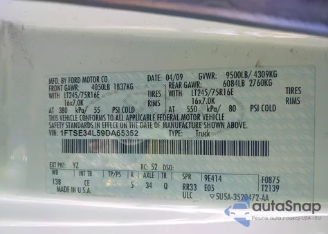 2009 Ford E-350 Super Duty Commercial/Recreational z USA, uszkodzony, nr VIN 1FTSE34L59DA65352